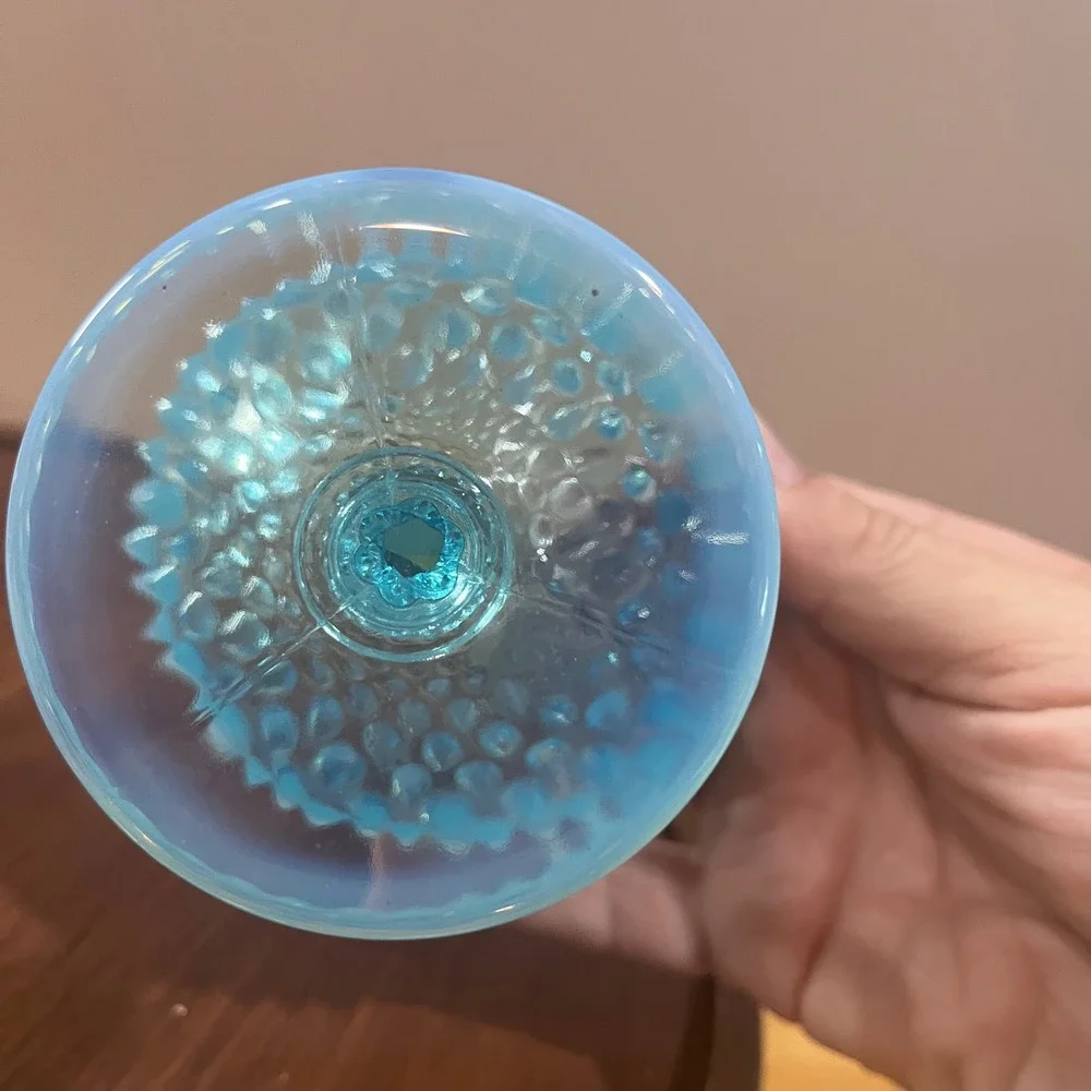 Vtg Fenton‎ Blue Opalescent Hobnail Art Glass Sherbet Goblet MCM Twisted Stem